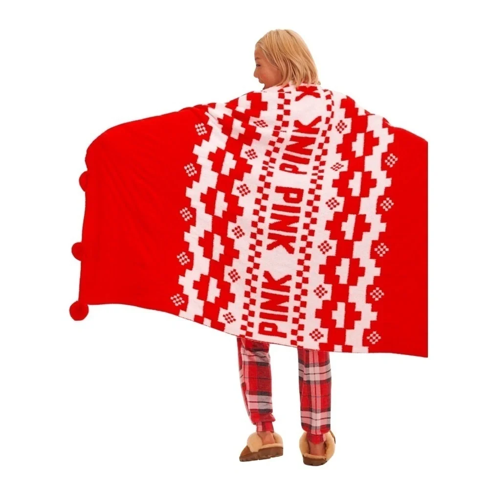 Victorias Secret PINK Vintage Knit Red Pom Pom Blanket - Picture 1 of 3